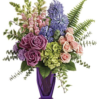 <div id="mark-3" class="m-pdp-tabs-marketing-description">Impressionist inspired, this painterly bouquet of green hydrangea, pink roses and lavender hyacinth is an elegant spring surprise. Your lucky someone will adore the keepsake couture vase!</div>
 
<div id="desc-3">
<ul>
 	<li>Green hydrangea, lavender roses, pink spray roses, lavender carnations, pink snapdragons and lavender hyacinth are arranged with sword fern, variegated ivy, spiral eucalyptus, and lemon leaf.</li>
</ul>
</div>