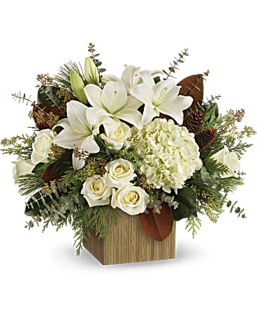 Snowy Woods Bouquet in a wooden cube.