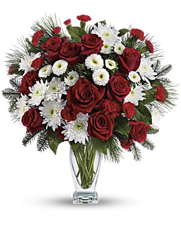 Red and white Winter Kisses bouquet in sculpted glass vase