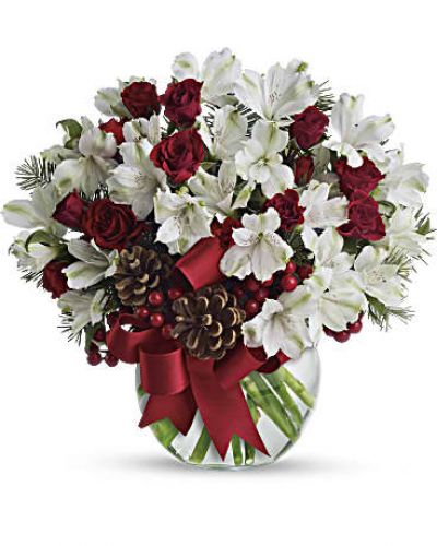 Fresh as new fallen snow. Delicate, snow white flowers are decorated with berries and pinecones for a unique spin on tradition. Presented in a crystal clear bowl tied with red ribbon, this Christmas floral arrangement is exceptionally value priced.
White alstroemeria and Douglas fir are mixed with pinecones and red berries in a clear bowl decorated with red satin ribbon.