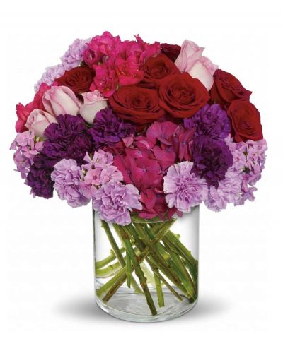 What does a grand and Sweeping Romance look like? It's full of the blooms of true love. Beautiful dark pink hydrangea, red and lavender roses, carnations in dark purple and lavender, hot pink freesia and lavender phlox are perfectly arranged in a lovely cylinder vase. Get swept away with this Love-ly bouquet.
