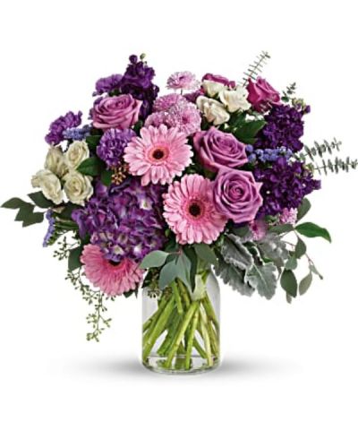 <div id="mark-3" class="m-pdp-tabs-marketing-description">Bring beauty to any occasion with the deep purples and playful pinks of this breathtaking bouquet.</div>
<div id="desc-3">
<ul>
 	<li>This magnificent bouquet features purple hydrangea, lavender roses, crème spray roses, pink gerberas, lavender carnations, purple stock, lavender cushion spray chrysanthemums, lavender sinuata statice, dusty miller, spiral eucalyptus, seeded eucalyptus, silver dollar eucalyptus, and lemon leaf.</li>
</ul>
</div>