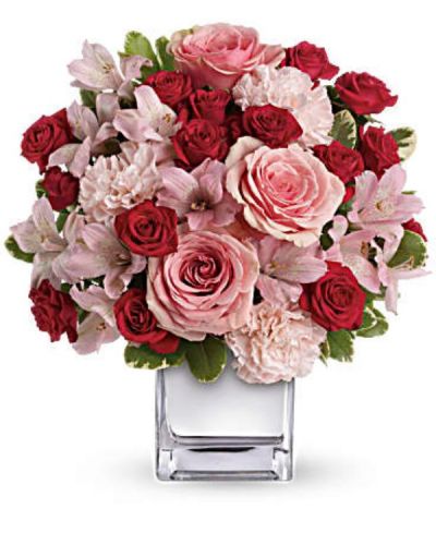 <div id="mark-3" class="m-pdp-tabs-marketing-description">Think pink, then think of all the thank-you kisses you'll get when you send this ravishingly romantic bouquet. Lush pink and red roses, pink alstroemeria and pink carnations in a chic mirrored silver cube. Get ready to pucker up.</div>
<div id="desc-3">
<ul>
<li>This impressive bouquet includes pink roses, red spray roses, pink alstroemeria and pink carnations accented with assorted greenery.</li>
</ul>
</div>