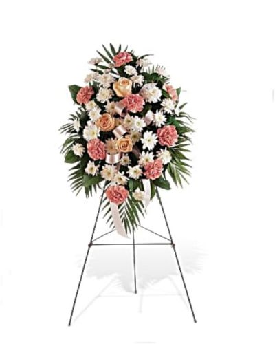 <div id="mark-1" class="m-pdp-tabs-marketing-description">Express your deepest sympathies, and extend a gracious note to a service or memorial, with this soft spray of pink and white blooms surrounded by a frame of elegant greens.</div>
&nbsp;
<div id="desc-1">
<ul>
 	<li>One spray of pink carnations, white spray chrysanthemums and rose accents with a pink ribbon is delivered on an easel.</li>
</ul>
</div>
&nbsp;