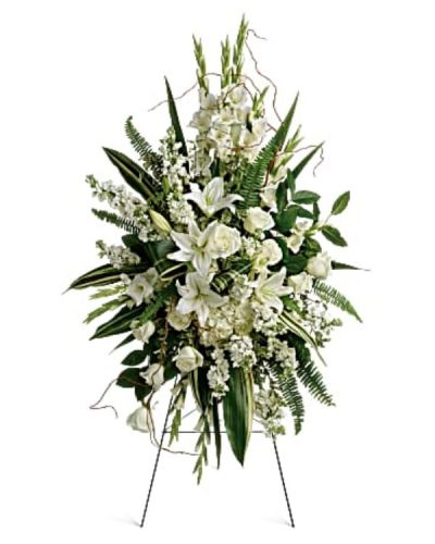<div class="m-pdp-tabs-description">
<div id="mark-1" class="m-pdp-tabs-marketing-description">
<hr />
<p>This beautiful spray includes white hydrangea, white roses, white oriental lilies, white gladioli, white stock, pitta negra, sword fern, curly willow, variegated aspidistra leaves, and lemon leaf. Delivered on a wire easel.
</p></div>
</div>
<p id="arrngDescp">This beautiful spray includes white hydrangea, white roses, white oriental lilies, white gladioli, white stock, pitta negra, sword fern, curly willow, variegated aspidistra leaves, and lemon leaf. Delivered on a wire easel.</p>