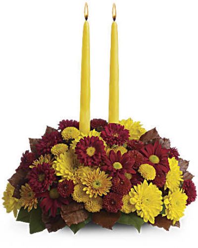 Happy yellow mums and a golden taper candle bring sunshine to your Thanksgiving dinner table. Lovely as a Thanksgiving centerpiece or stylish seasonal décor anywhere in the house, the burgundy and yellow fall flowers look especially rich mixed with brown copper beech leaves.
Red matsumoto asters and a variety of burgundy, yellow and bronze mums are accented with green salal and brown copper beech leaves.
A cheerful yellow taper candle glows above it all.