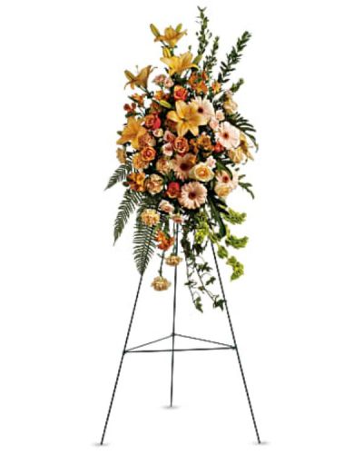 <div id="mark-1" class="m-pdp-tabs-marketing-description">A fountain of subtle color is provided by this gracefully elegant array of peach roses and lilies and other favorites - a symbol of life and hope during a difficult time.</div>
<div id="desc-1">
<ul>
 	<li>The striking bouquet includes peach roses, orange bi-color roses, peach spray roses, peach asiatic lilies, orange alstroemeria, peach carnations and bells of Ireland, accented with assorted greenery.</li>
</ul>
</div>