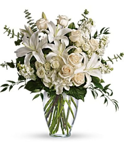 <div id="mark-3" class="m-pdp-tabs-marketing-description">A dreamy bouquet of white sympathy flowers is a comforting reminder of your love. The lush arrangement of soft colors is delivered in a majestic, tall glass vase.</div>
<div id="desc-3">
<ul>
 	<li>This gorgeous bouquet overflows with white hydrangea, crème roses, white spray roses, white oriental lilies, white stock, spiral eucalyptus, salal and Italian ruscus in a classic glass vase.</li>
</ul>
</div>
