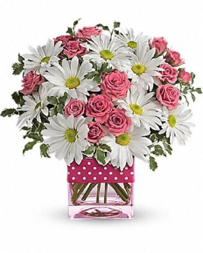 <div class="m-pdp-tabs-description">
<div id="mark-1" class="m-pdp-tabs-marketing-description">Polka dots and posies, they're the perfect pair. Well, at least in this pretty arrangement they are. Just the right flowers in just the right vase all wrapped up in… you guessed it, just the right ribbon.</div>
</div>
<p id="arrngDescp">Pink spray roses and white daisy spray chrysanthemums are delivered in an exclusive pink vase that's wrapped with a polka-dot satin ribbon</p>
