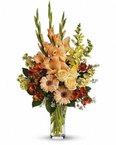 <div class="m-pdp-tabs-description">
<div id="mark-1" class="m-pdp-tabs-marketing-description">Express your condolences in tasteful shades of color with peach, orange and yellow flowers in a stylish trumpet vase. For the service or the home, it is an elegant choice.</div>
</div>
<p id="arrngDescp">The stunning bouquet includes peach roses, peach gerberas, orange alstroemeria, peach gladioli, yellow snapdragons and yellow stock, accented with assorted greenery.</p>