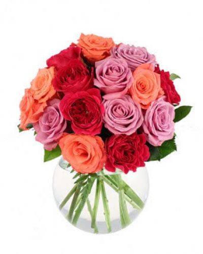 Reminiscent of a lovely sunset, this display of pastel roses will make anyone smile. Enjoy a dozen roses artfully displayed in a variety of colors.