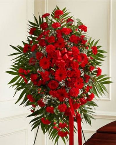 <p>This Profound Sympathies Standing Spray in beautiful red is a touching symbol of your sympathy and support. It is expertly crafted with red flowers such as roses, Gerbera daisies, spray roses, carnations and more. An appropriate gift for family, friends and business associates to send directly to the funeral home.</p>