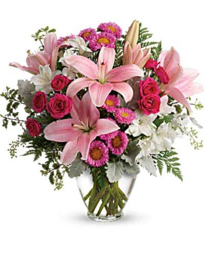 <div id="mark-2" class="m-pdp-tabs-marketing-description">Sure to make them blush! Spoil them on a special day, or just because, with this luxurious lily arrangement in gorgeous shades of blush pink.</div>
<div id="desc-2">
<ul>
 	<li>This pretty bouquet features hot pink spray roses, pink asiatic lilies, white alstroemeria, pink matsumoto asters, seeded eucalyptus, leatherleaf fern, dusty miller, and pitta negra.</li>
 	<li>Delivered in a Serenity Vase.</li>
</ul>
</div>