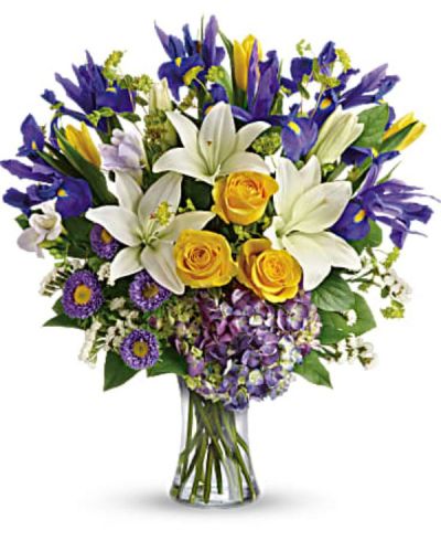<div id="mark-3" class="m-pdp-tabs-marketing-description">Inspired by the sky on a bright spring day, this glorious bouquet of luxurious purple, yellow, white and blue blooms is a breath of fresh air! The grand gift is gathered in a graceful glass vase.</div>
&nbsp;
<div id="desc-3">
<ul>
 	<li>Purple hydrangea, yellow roses, yellow tulips, white asiatic lilies, blue iris, lavender freesia, and lavender matsumoto asters are arranged with white sinuata statice, bupleurum, and lemon leaf.c</li>
</ul>
</div>