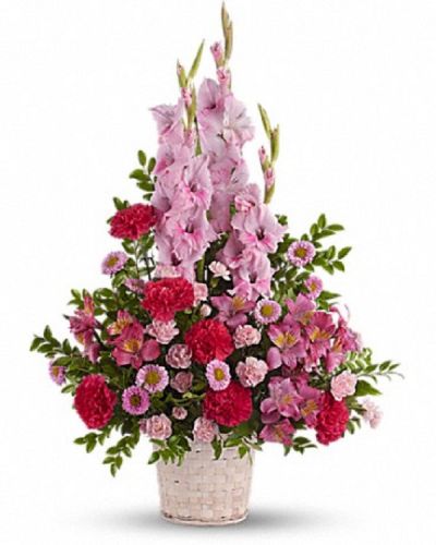 <div class="m-pdp-tabs-description">
<div id="mark-1" class="m-pdp-tabs-marketing-description">Beautifully feminine. Serene but strong. This pretty basket of pink flowers is a lovely way to show you care.</div>
</div>
<p id="arrngDescp">A mix of fresh pink blossoms like gladioli, alstroemeria, carnations and more are lovingly arranged in a white basket.</p>