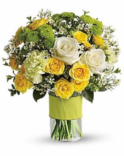 <div class="m-pdp-tabs-description">
<div id="mark-1" class="m-pdp-tabs-marketing-description">You could call or email that special someone, but why not put your feelings into flowers? They'll love this elegant array of white and yellow roses and other favorites in a stylish cylinder vase. They'll want to thank you in person.</div>
</div>
<p id="arrngDescp">This charming bouquet includes white roses, yellow spray roses, green carnations, green button spray chrysanthemums and white waxflower accented with assorted greenery.</p>