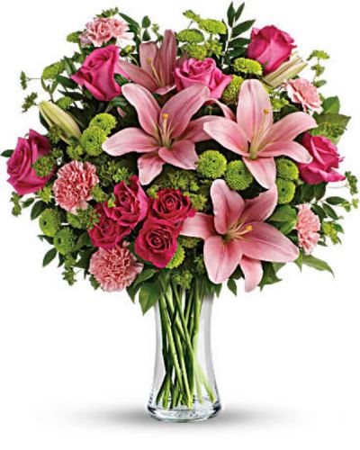 <div id="mark-1" class="m-pdp-tabs-marketing-description">What's better than pink? More pink! Show someone you care with this blissful bouquet of roses and lilies, hand-delivered in a classic glass vase. It's an impressive gift that promises to put some pink in her cheeks!</div>
<div id="desc-1">
<ul>
 	<li>This fabulously feminine bouquet features hot pink roses, hot pink spray roses, pink asiatic lilies, pink carnations, green button spray chrysanthemums, bupleurum, huckleberry and lemon leaf.</li>
 	<li>Delivered in a clear glass vase.</li>
</ul>
</div>