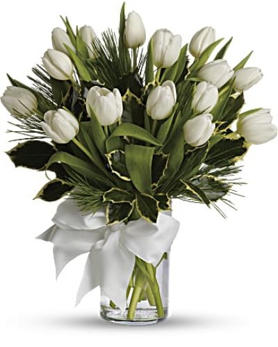 <ul id="tabs-pdp" class="nav nav-tabs" data-tabs="tabs">
 	<li id="descriptionTab" class="active"><a href="https://www.teleflora.com/bouquet/tulips-and-pine?prodID=P_T12Z114A&skuId=T12Z114A&zipMin=&showAllSkus=true#description" data-toggle="tab">DESCRIPTION</a></li>
 	<li id="sizesTab"><a href="https://www.teleflora.com/bouquet/tulips-and-pine?prodID=P_T12Z114A&skuId=T12Z114A&zipMin=&showAllSkus=true#sizes" data-toggle="tab">SIZES</a></li>
</ul>
<div id="tabs-pdp-content" class="tab-content">
<div id="description" class="tab-pane fade active">
<div id="mark-3" class="m-pdp-tabs-marketing-description">Give a gift of simple winter beauty. Send a bouquet of white tulips that are as pure as fresh-fallen snow, accented with just a touch of fragrant white pine. It's the essence of the season, captured in a vase.</div>
</div>
</div>