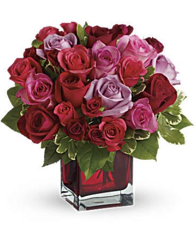Surprise her with roses in four gorgeous shades of love artistically arranged in a red contemporary cube. Imagine the look on her face when she opens the door and sees this ravishingly romantic bouquet. She'll fall in love with you all over again.