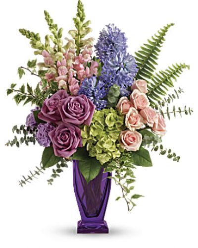 <div id="mark-3" class="m-pdp-tabs-marketing-description">Impressionist inspired, this painterly bouquet of green hydrangea, pink roses and lavender hyacinth is an elegant spring surprise. Your lucky someone will adore the keepsake couture vase!</div>
<p>&nbsp;</p>
<div id="desc-3">
<ul>
<li>Green hydrangea, lavender roses, pink spray roses, lavender carnations, pink snapdragons and lavender hyacinth are arranged with sword fern, variegated ivy, spiral eucalyptus, and lemon leaf.</li>
</ul>
</div>