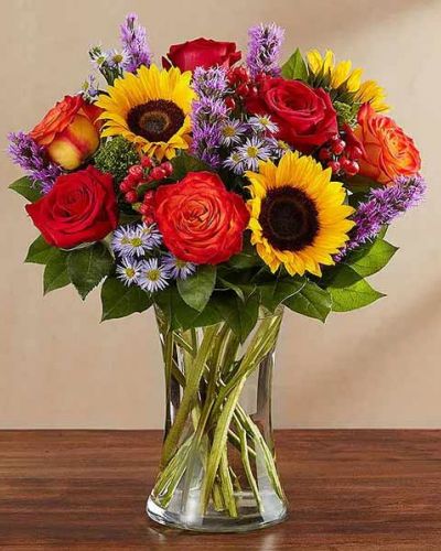 Bring the serene beauty of autumn to someone you care about with our country-inspired arrangement. Filled with a medley of fresh-picked blooms in brilliant colors, it’s a gift that’s sure to surprise & delight.