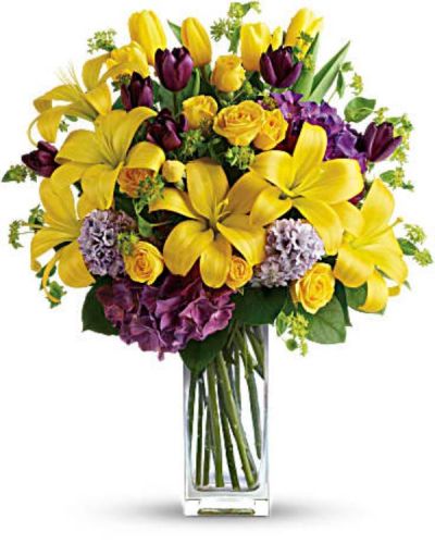 <div id="mark-3" class="m-pdp-tabs-marketing-description">Celebrate the dawn of a new season with this fresh burst of color. A wide assortment of bright yellow and purple blooms are delivered in a statement vase - perfect for the spring or summer transition.</div>
<div id="desc-3">
<ul>
 	<li>Yellow flowers, including asiatic lilies, roses and tulips, are joined with the pretty purple blooms of hydrangea, tulips and hyacinth.</li>
 	<li>Greens include bupleurum and salal. Presented in a tall, clear glass vase.

<hr />

</li>
</ul>
</div>
