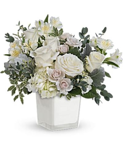 &nbsp;
<div id="mark-3" class="m-pdp-tabs-marketing-description">As serene as soft white clouds floating in a crisp blue sky, this elegant white rose bouquet in a simple glass cube brings peace and beauty to any occasion.</div>
&nbsp;
<div id="desc-3">This peaceful arrangement includes white hydrangea, white roses, white spray roses, white alstroemeria, dusty miller, white limonium, parvifolia eucalyptus and pitta Negra.</div>