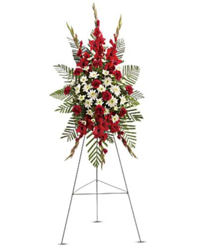 <div id="mark-1" class="m-pdp-tabs-marketing-description">
<hr />
<p>A beautiful complement to the memorial service, this gorgeous spray of red and white floral favorites will be deeply appreciated by the family during their time of loss.
</p></div>
<div id="desc-1">
<ul>
<li>The magnificent spray includes red gladioli, red carnations and white cushion spray chrysanthemums, accented with emerald palm and leatherleaf fern.</li>
</ul>
</div>