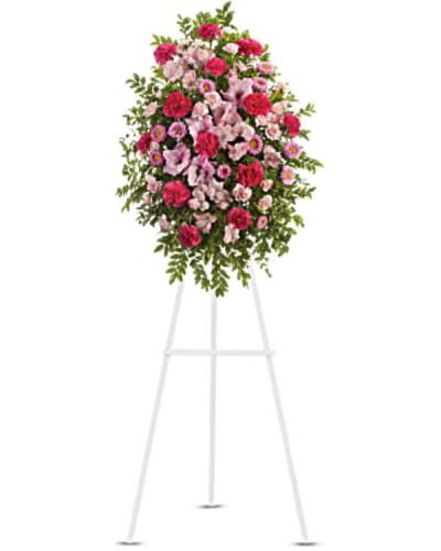 <div id="mark-1" class="m-pdp-tabs-marketing-description">To send sympathy flowers is a testament of your love and devotion. This feminine standing spray is a pink garden of alstroemeria, gladioli, carnations and asters.</div>
<div id="desc-1">
<ul>
 	<li>Lovely flowers such as light pink alstroemeria, miniature carnations and asters with hot pink carnations and pink gladioli.</li>
</ul>
</div>