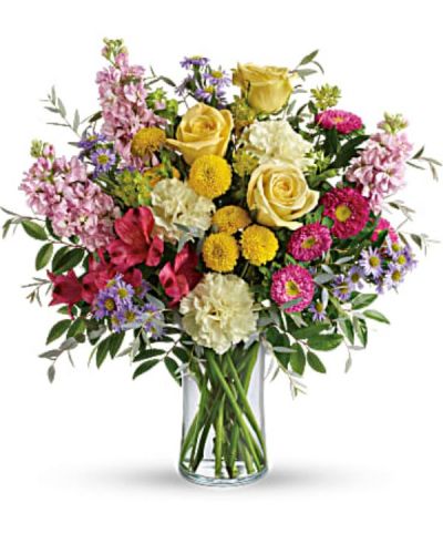 <div id="mark-2" class="m-pdp-tabs-marketing-description">Spread goodness and light far and wide with this joyful gift of pink, yellow and lavender blooms! Full of tantalizing texture and uplifting colors, it's sure to bring a smile to anyone's face.</div>
<div id="desc-2">
<ul>
<li>This beautiful bouquet includes yellow roses, red alstroemeria, light yellow carnations, pink stock, hot pink matsumoto asters, large lavender monte cassino asters, yellow button spray chrysanthemums, bupleurum, huckleberry, and parvifolia eucalyptus.</li>
<li>This beautiful bouquet includes yellow and pink roses, red alstroemeria, light yellow carnations, pink stock, hot pink matsumoto asters, large lavender monte cassino asters, yellow button spray chrysanthemums, bupleurum, huckleberry, and parvifolia eucalyptus.</li>
<li>Delivered in a clear cylinder vase.</li>
</ul>
</div>
