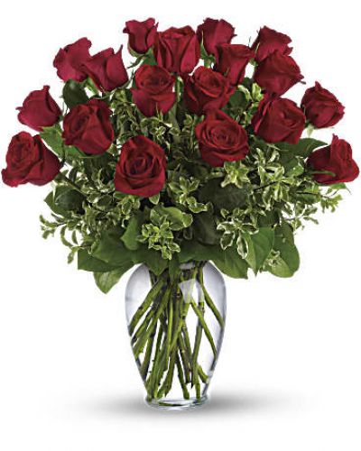 Let her know how important she is to you with ravishingly long stemmed red roses in a sparkling spring garden vase. Available in one dozen, 18 stems or two dozen beautiful roses.