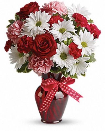 <div class="m-pdp-tabs-description">
<div id="mark-1" class="m-pdp-tabs-marketing-description">Delight your love with this beautiful bouquet of bright white chrysanthemums, precious pink carnations, romantic red roses and more in a radiant red vase.</div>
</div>
<p id="arrngDescp">The charming bouquet includes white daisy spray chrysanthemums, pink carnations, red miniature carnations and red roses accented with fresh greenery in a stylish red vase.</p>