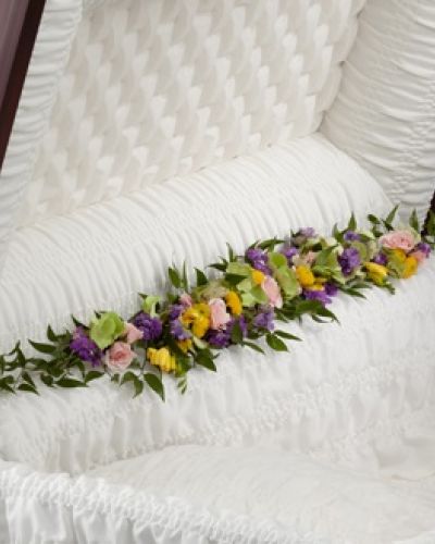 <p>The FTD® Trail of Flowers™ Casket Adornment is a gorgeous accent piece that offers an extra touch of floral beauty at their memorial service. Green hydrangea, pink spray roses, yellow freesia, lavender larkspur and yellow button poms are arranged to bedeck the inner lining of the casket creating a soft and elegant look that perfectly commemorates the life of the deceased.</p>