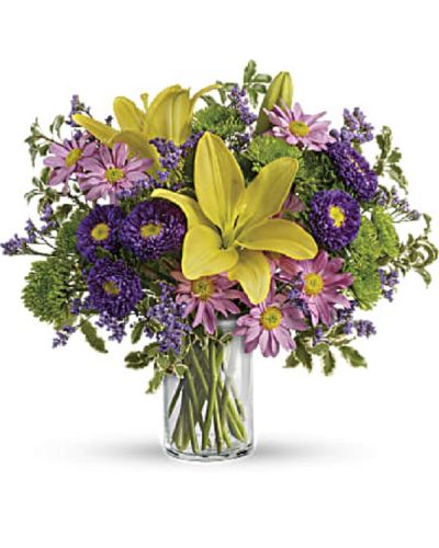 <div class="m-pdp-tabs-description">
<div id="mark-1" class="m-pdp-tabs-marketing-description">Sprinkle happiness on any occasion with this bright, beautiful bouquet! A cheerful blend of sunshiny lilies, pretty purple blooms and glowing greens in a classic cylinder, it makes any day feel fresh and fabulous!</div>
<div>
<div id="mark-3" class="m-pdp-tabs-marketing-description">Golden roses and lilies, lavender blooms and bright greens are a recipe for fresh, fabulous greetings! Turn any day into a special one with this happy surprise, arranged in a classic glass cylinder.</div>
<div id="desc-3">
<ul>
<li>This fabulous bouquet includes yellow roses and asiatic lilies, purple matsumoto asters, green cushion spray chrysanthemums, lavender daisy spray chrysanthemums, purple limonium, and pitta negra.</li>
</ul>
</div>
</div>
</div>