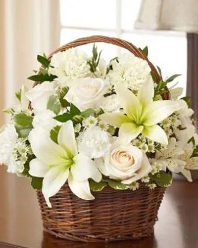 <p>Make a heartfelt gesture of your sympathy with our classic all-white basket arrangement of white roses, lilies, alstroemeria, carnations, mini carnations, and monte casino, accented with variegated pittosporum. Hand-gathered into a lovely willow handled basket, it's a simple yet touching way to offer peace and comfort during this time of sorrow. Appropriate to send to the home of friends and family members or to the memorial service.</p>