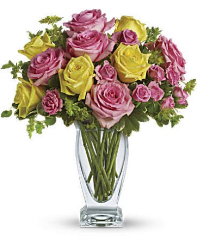 <div id="mark-3" class="m-pdp-tabs-marketing-description">Pink lemonade, anyone? This stunning bouquet of pink and yellow roses adds an instant smile to anyone's face - especially when they notice the gorgeous Couture Vase they get to keep using for years to come!</div>
&nbsp;
<div id="desc-3">
<ul>
 	<li>Elegant pink and yellow roses are contrasted with green bupleurum and variegated pittosporum.</li>
</ul>
</div>