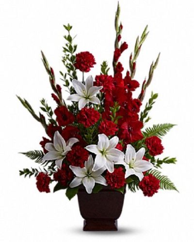 <div class="m-pdp-tabs-description">
<div id="mark-1" class="m-pdp-tabs-marketing-description">Vivid and touching, vibrant reds and serene whites blend to express your deepest emotions.</div>
</div>
<p id="arrngDescp">Beautiful fresh flowers such as red gladioli and carnations with white asiatic lilies set amidst myrtle, sword fern, and salal will convey your thoughts in a wonderful way.</p>